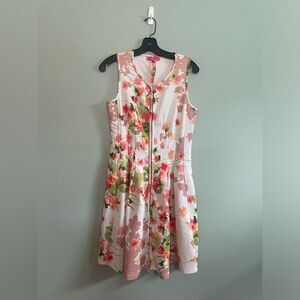 Betsy Johnston White And Pink Floral Zip Front Scuba Fit and Flare Dress SZ 6
